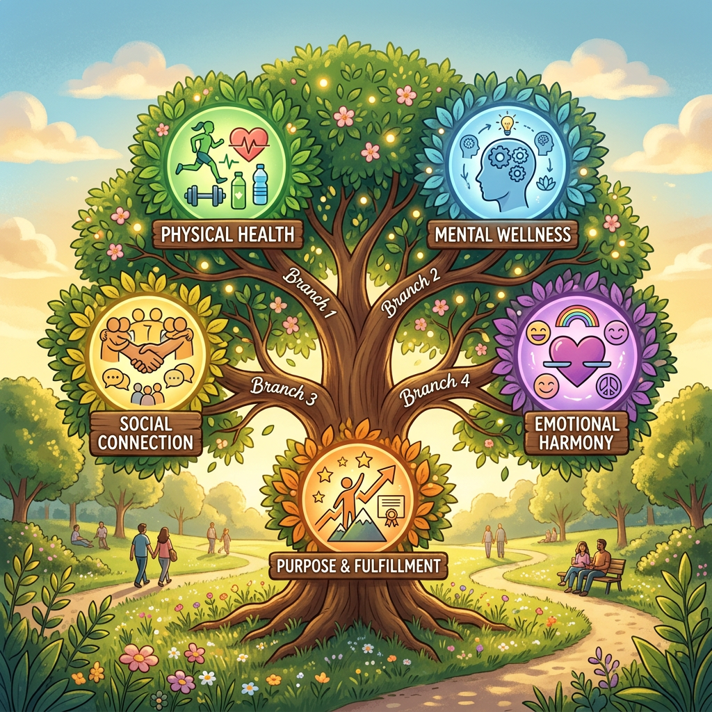Tree with five branches labeled Physical Health, Mental Wellness, Social Connection, Emotional Harmony, Purpose & Fulfillment, with related icons.
