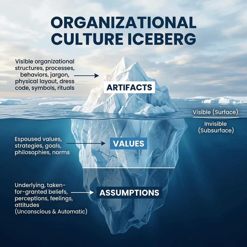Iceberg depicting organizational culture with artifacts, values, and assumptions layers