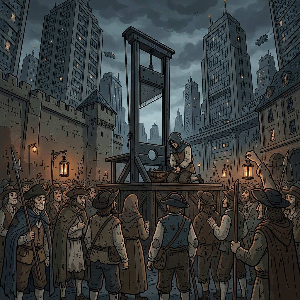 Hooded prisoner kneeling on a platform before a gathered crowd